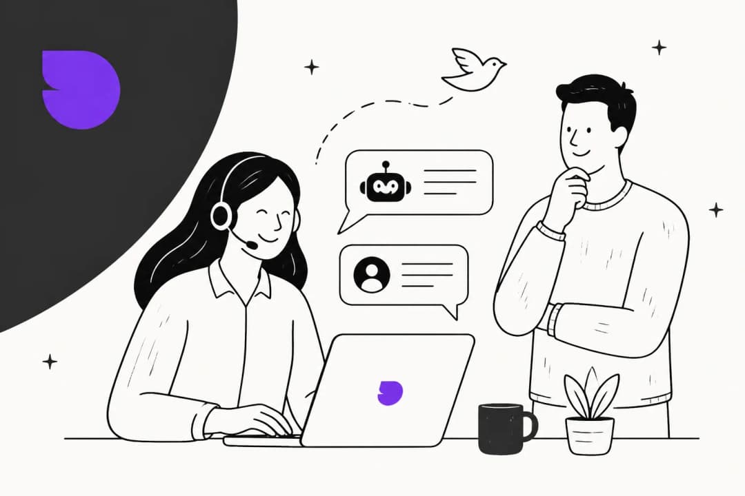 Sendbird AI agent review illustration in purple and warm off-white