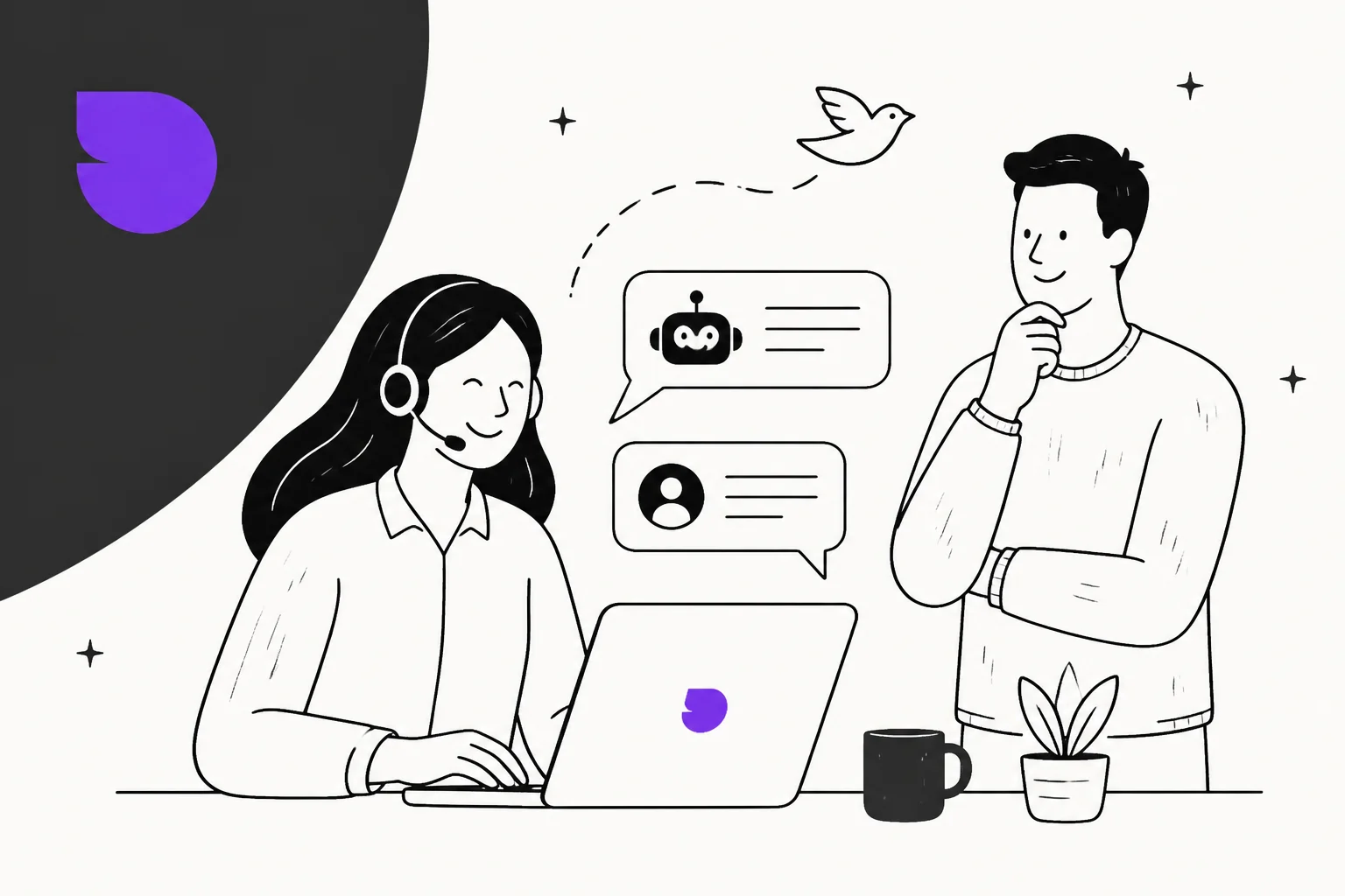 Sendbird AI agent review illustration in purple and warm off-white