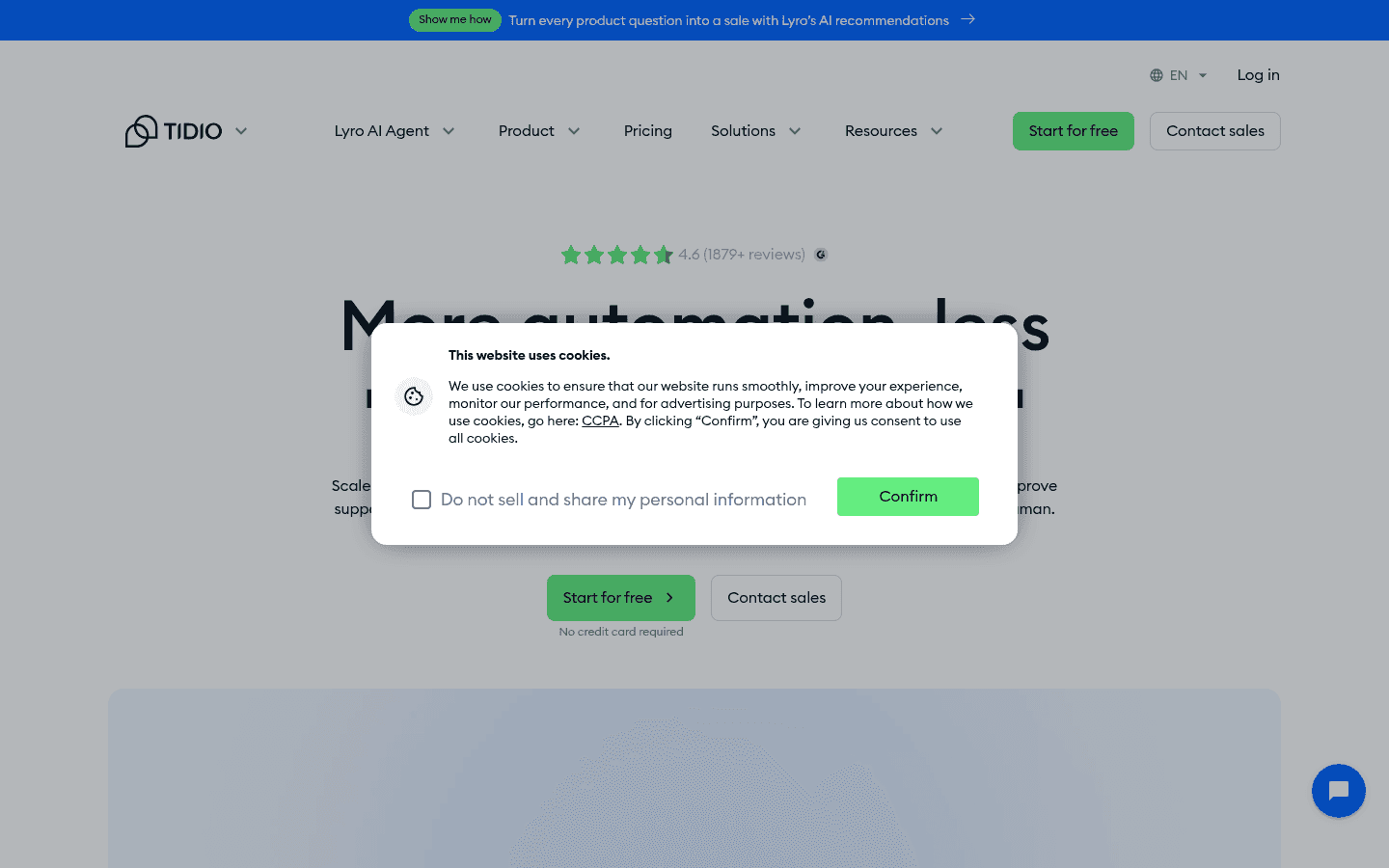 Tidio homepage showing their AI customer service platform with Lyro AI agent, as taken from Tidio