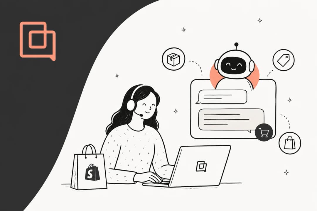 Illustration of a support agent and an AI chatbot handling Shopify ecommerce conversations