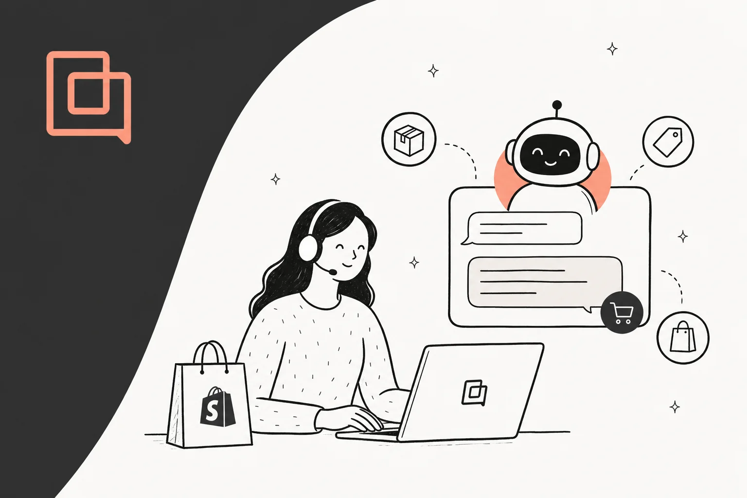 Illustration of a support agent and an AI chatbot handling Shopify ecommerce conversations