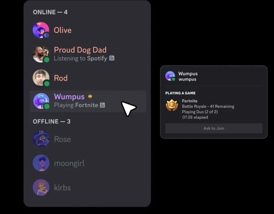 Discord friends list showing four online friends and their gaming statuses, as taken from Discord