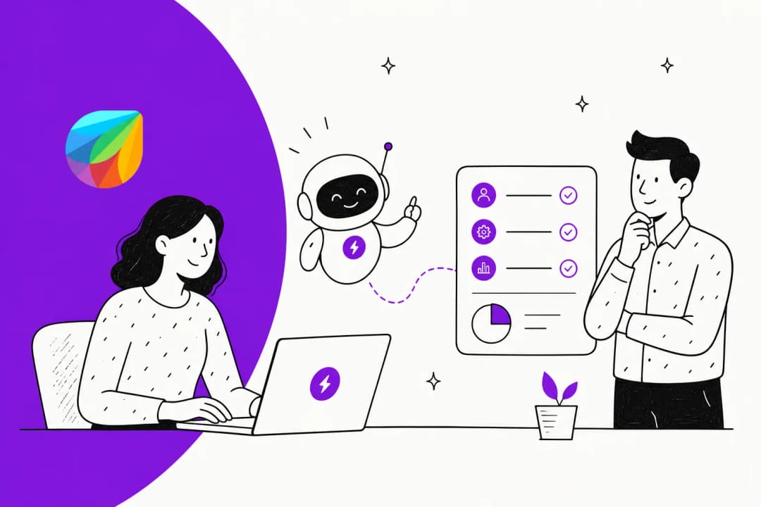 Illustration of a person reviewing a Freshservice Freddy AI pricing breakdown with the Freshworks logo