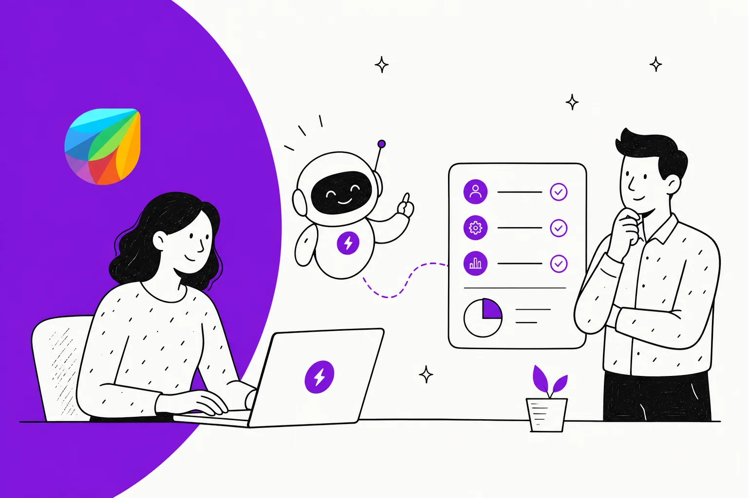 Illustration of a person reviewing a Freshservice Freddy AI pricing breakdown with the Freshworks logo