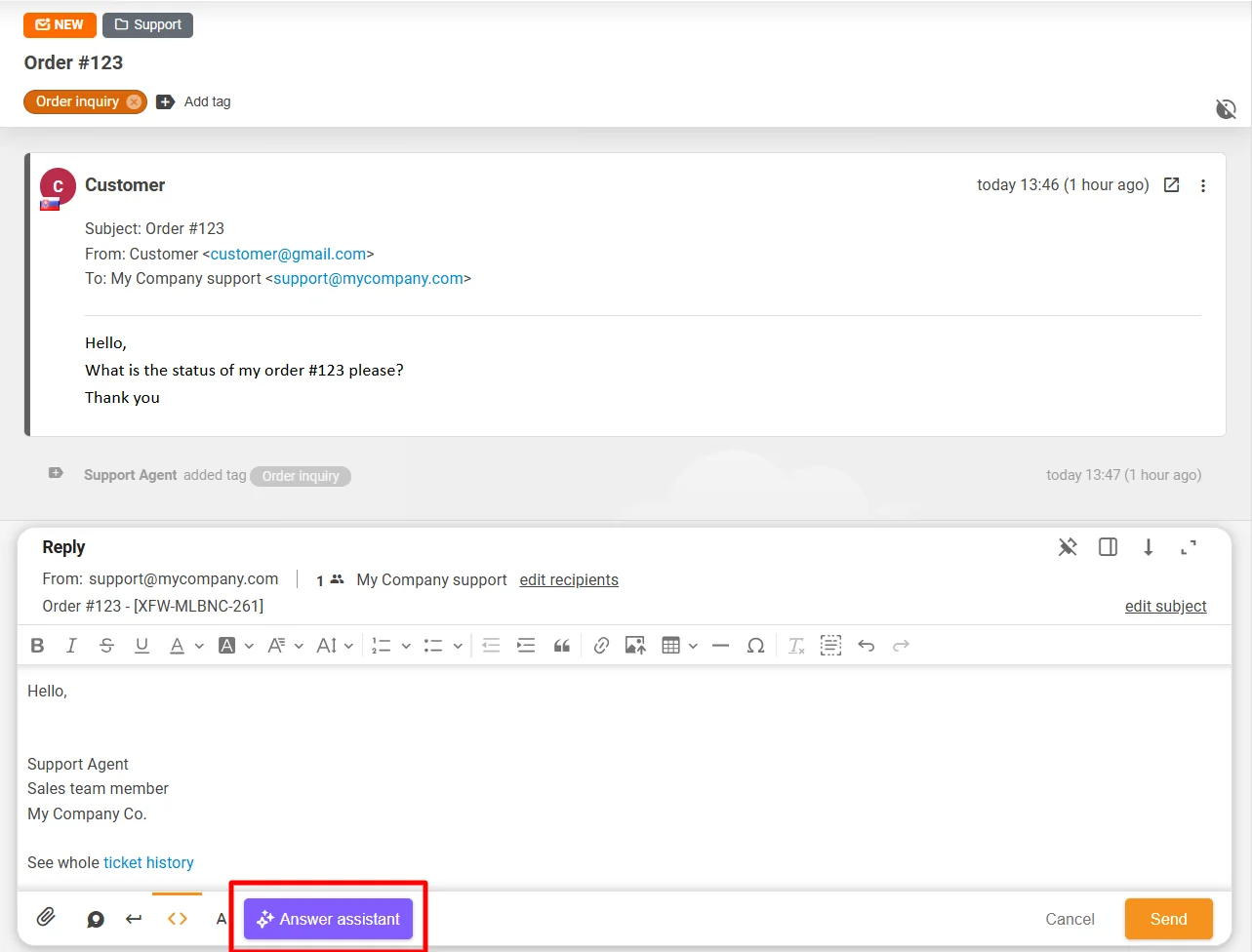 The Answer assistant button at the bottom of a LiveAgent ticket, as taken from LiveAgent