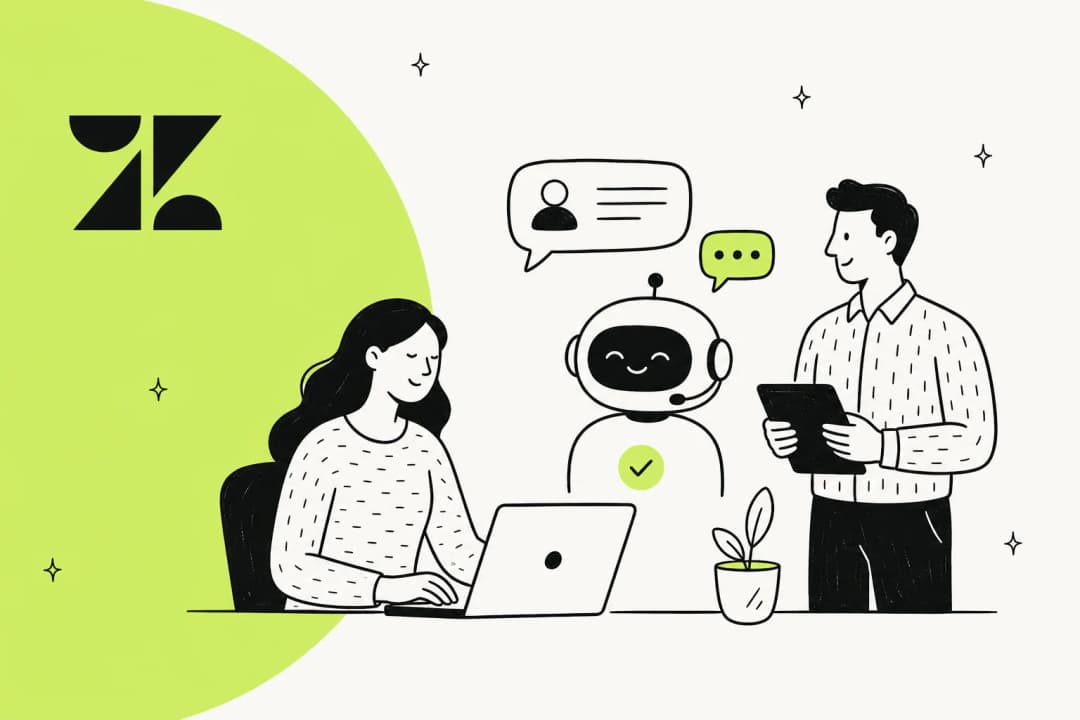 Editorial illustration of a Zendesk AI agent reasoning across knowledge sources and customer conversations