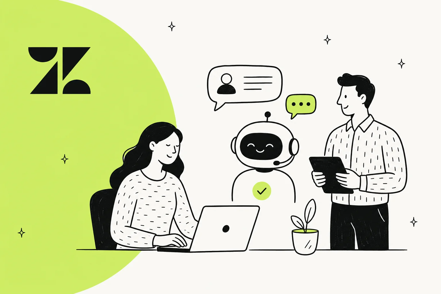 Editorial illustration of a Zendesk AI agent reasoning across knowledge sources and customer conversations