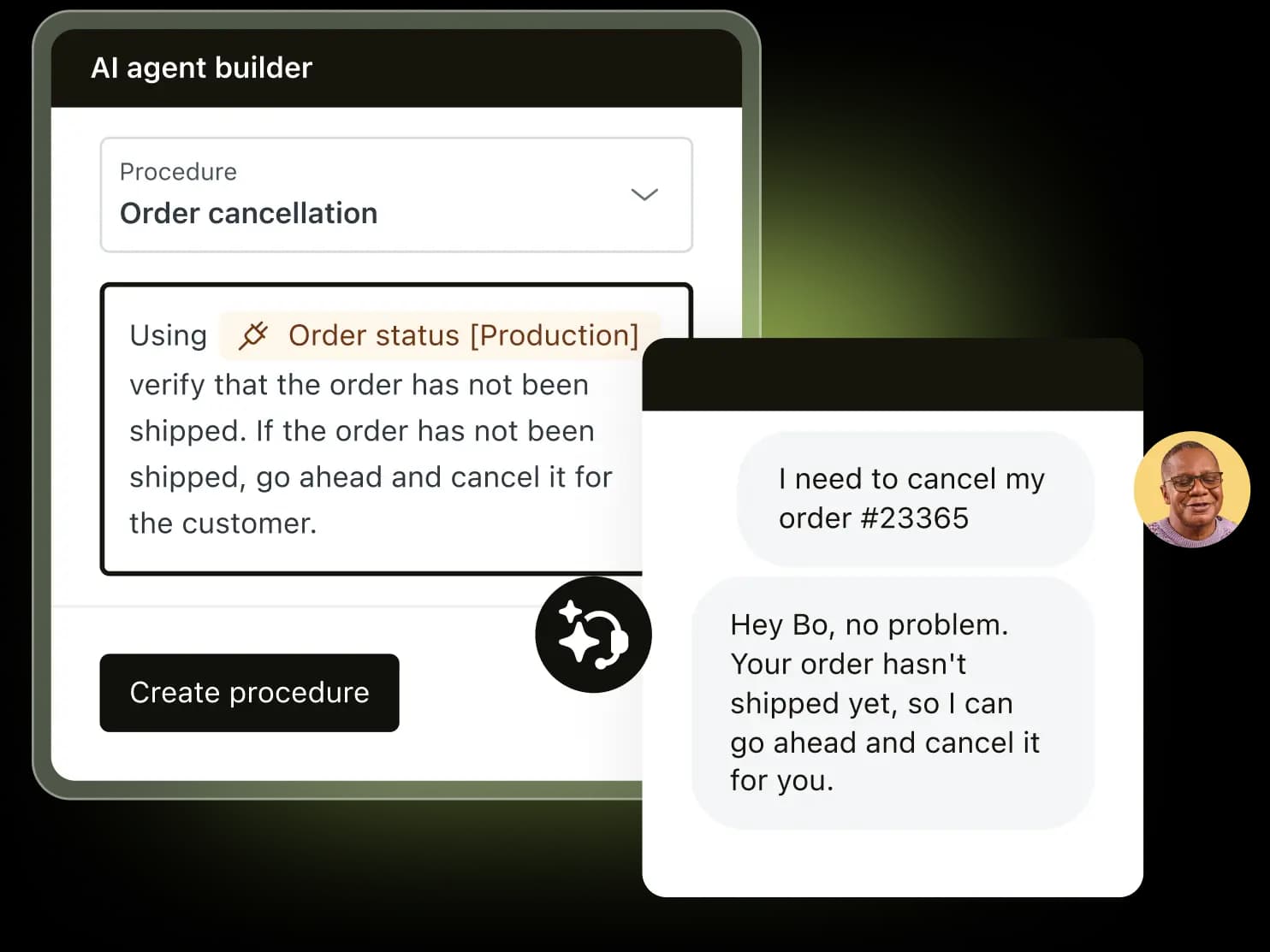 Zendesk AI Agent Builder showing an Order cancellation procedure that verifies order status before cancelling, as taken from Zendesk AI Agents
