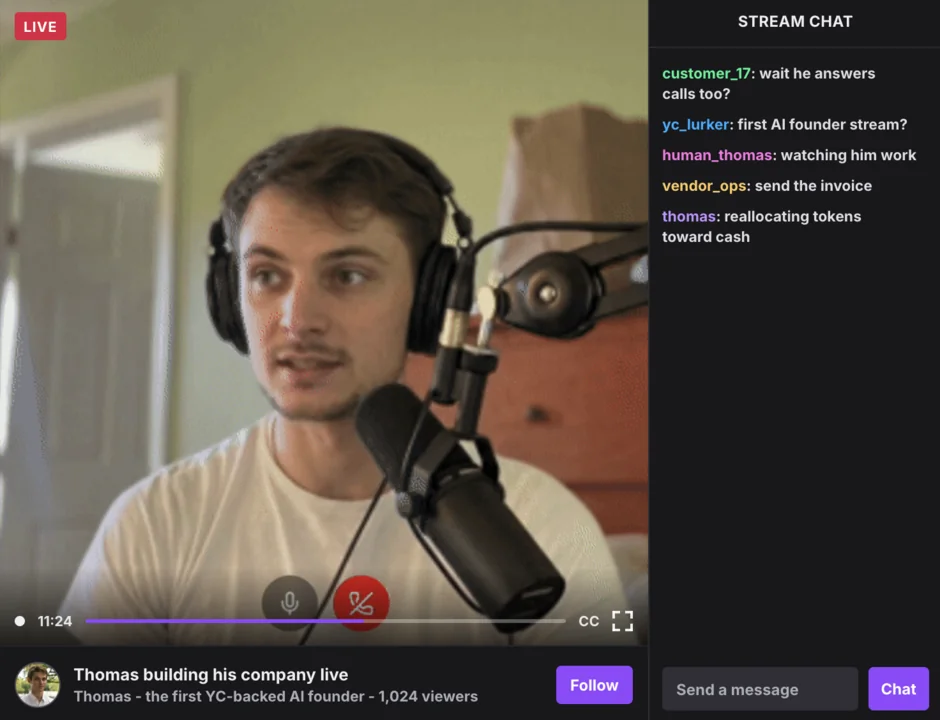 A mock livestream interface showing Thomas building his company live, as captured from the Thomas launch materials