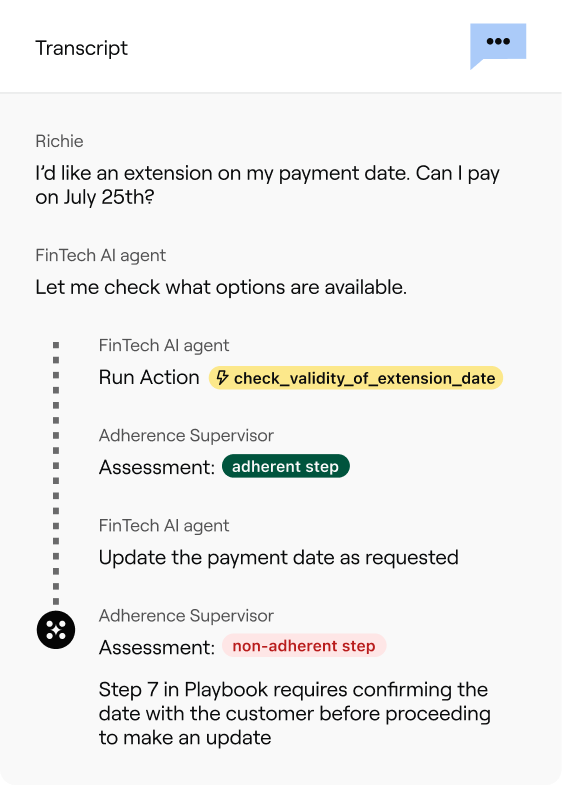 An Adherence Supervisor grading each Playbook step as adherent or non-adherent inside a live transcript, as taken from Ada