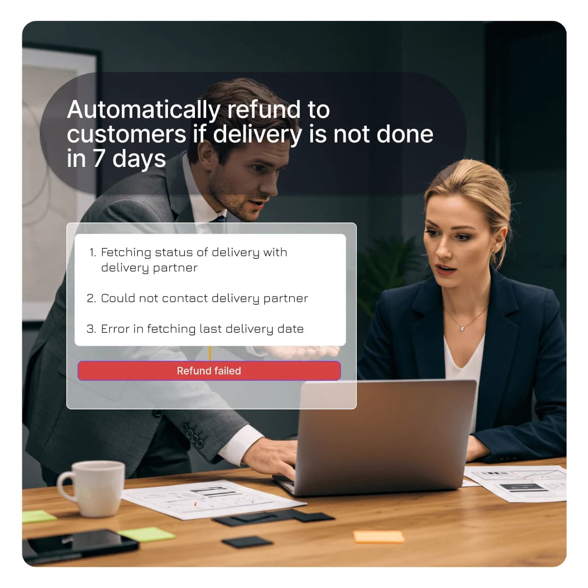 Kommunicate's AI agent attempting an automatic refund and surfacing a 'Refund failed' error after it can't reach the delivery partner, rather than faking success, as taken from Kommunicate