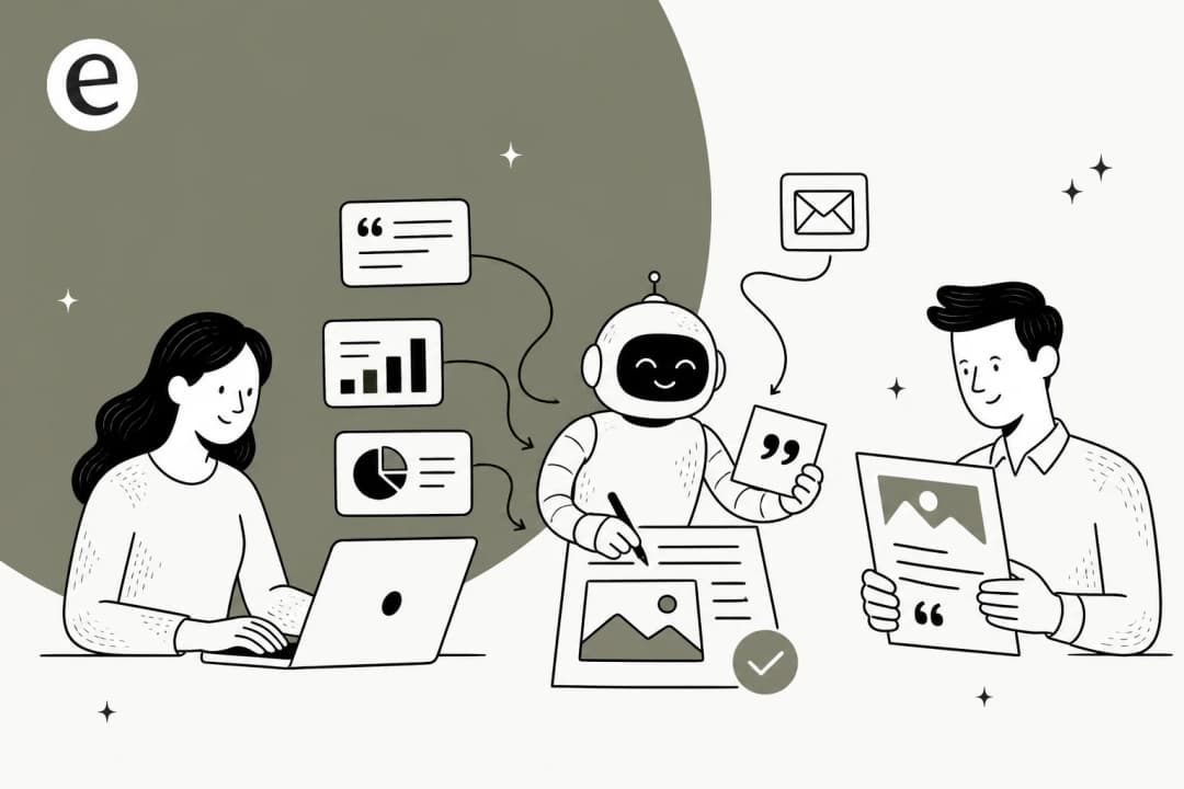 Illustration of an AI case study writer turning customer quotes and metrics into a polished case study