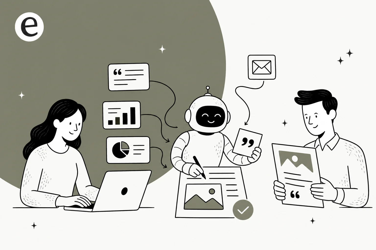 Illustration of an AI case study writer turning customer quotes and metrics into a polished case study