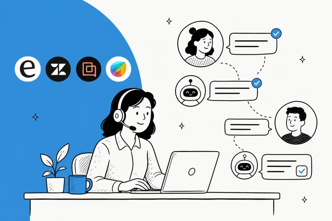 Illustration of a support agent working alongside AI chat bubbles, with helpdesk logos