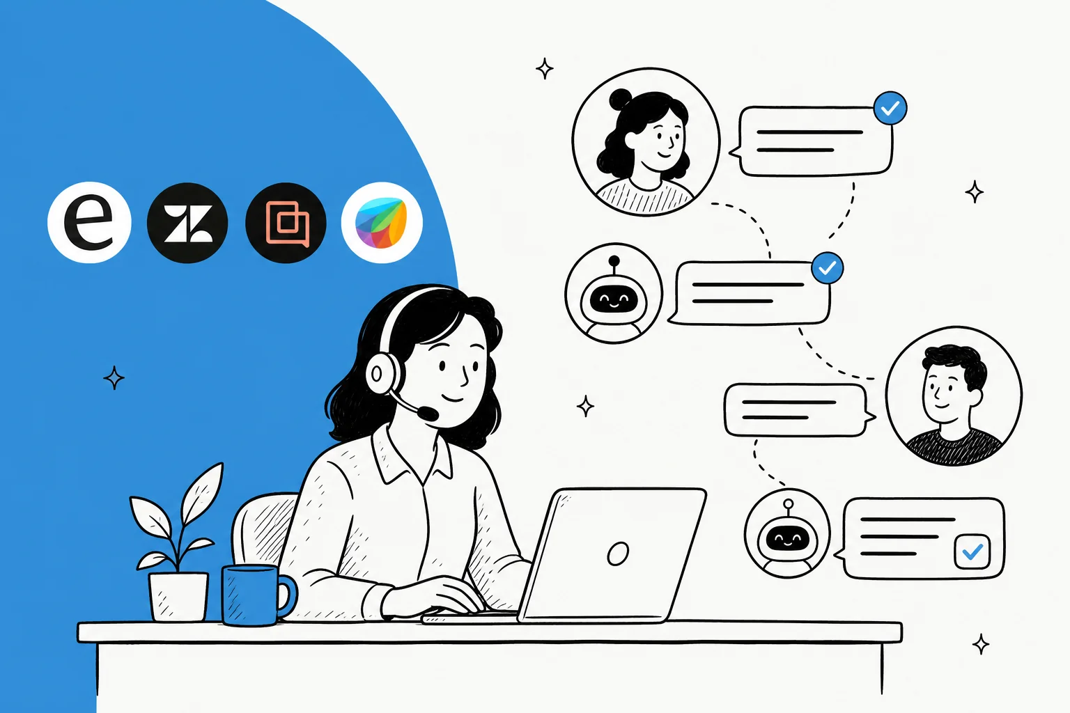 Illustration of a support agent working alongside AI chat bubbles, with helpdesk logos