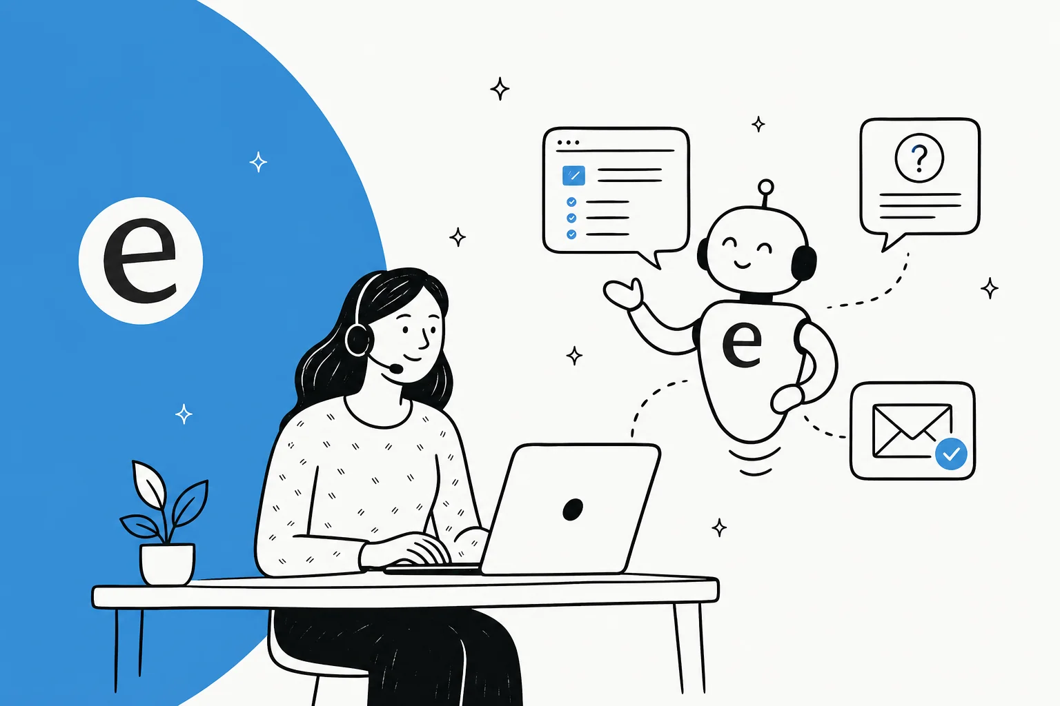 Illustration of AI deflecting repetitive FAQ tickets in a customer support queue