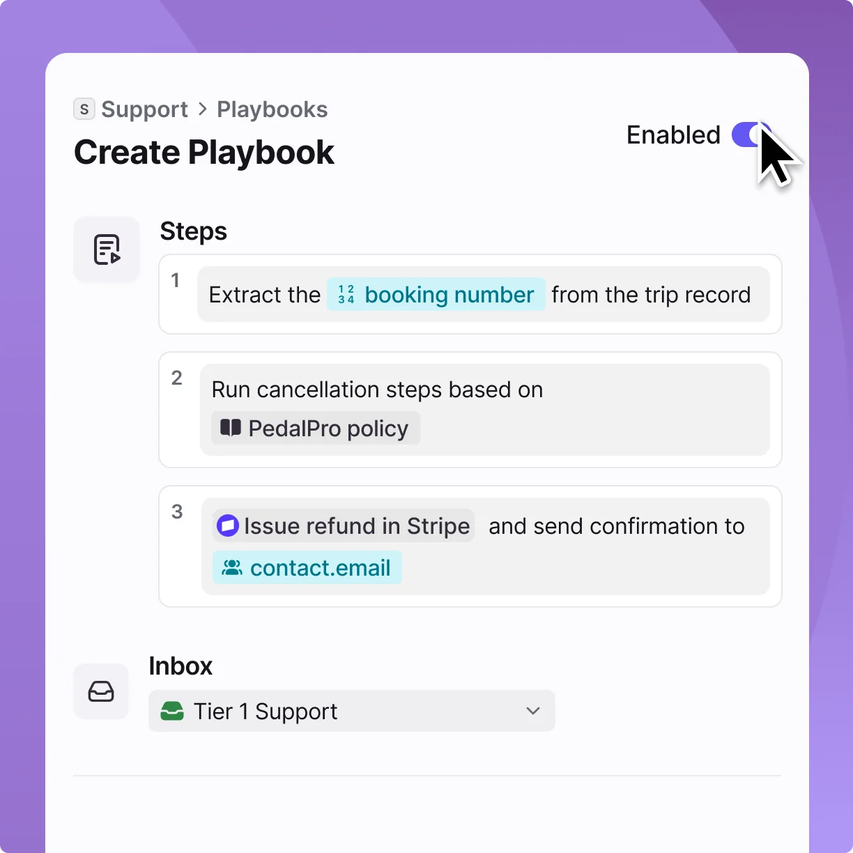 Front Autopilot Playbooks, defining a multi-step resolution flow tied to a specific inbox, as taken from Front