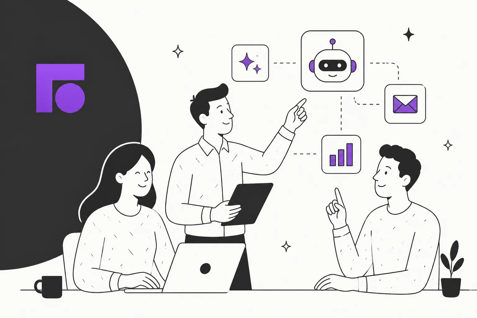Illustration of a support team using AI inside the Front shared inbox