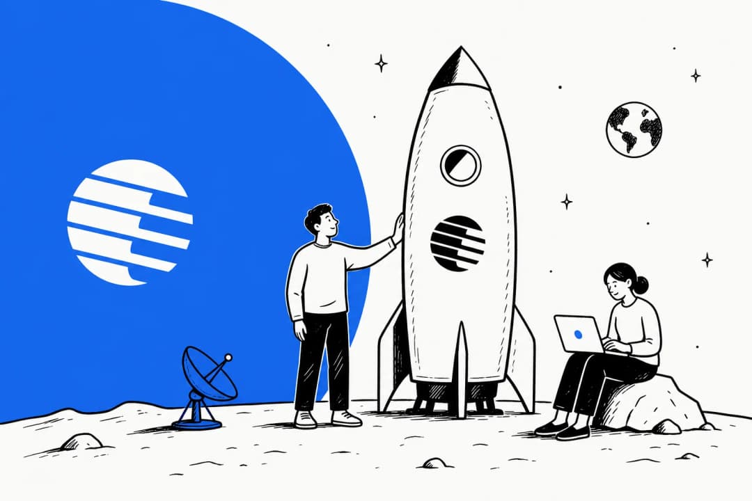 Editorial illustration of two people examining a rocket beside a Moonshot AI-style crescent moon logo, representing the Kimi K2.7 Code launch