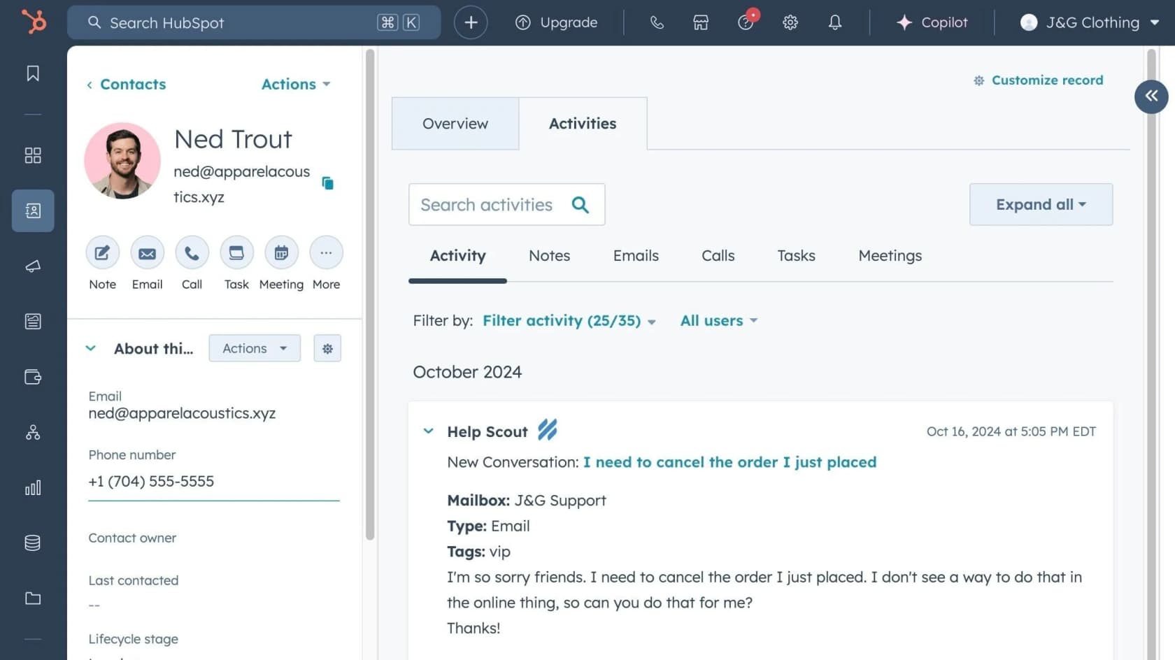 A Help Scout conversation appearing inside a HubSpot contact's activity timeline, as shown on Help Scout's HubSpot marketplace listing