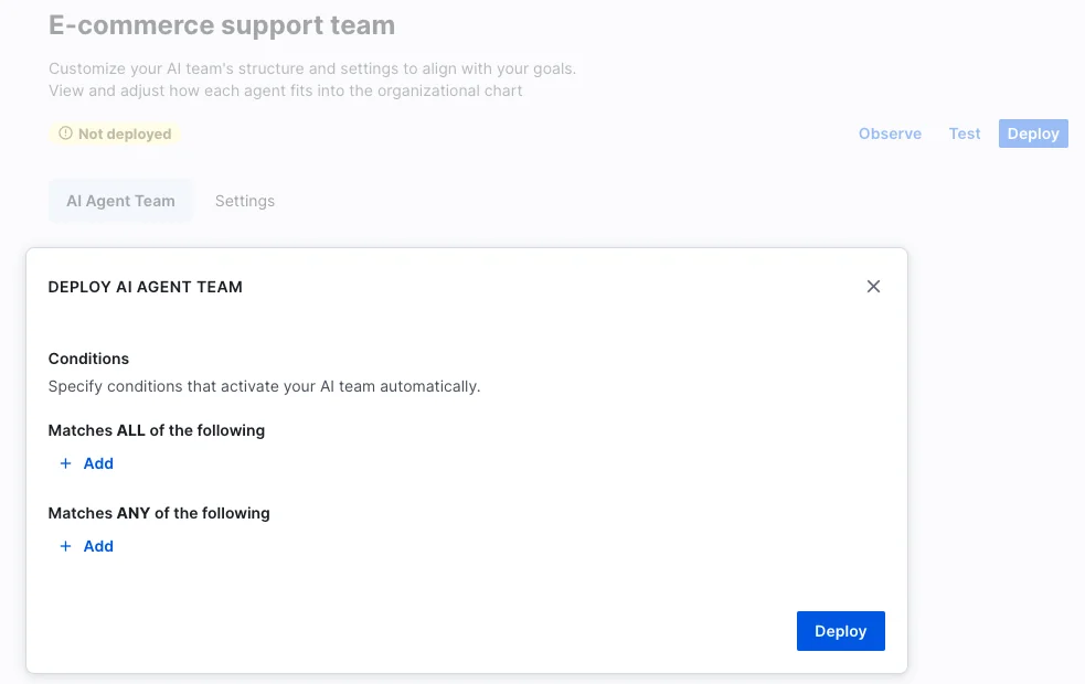Kustomer AI Agent Team builder with the deploy modal open, as taken from Kustomer