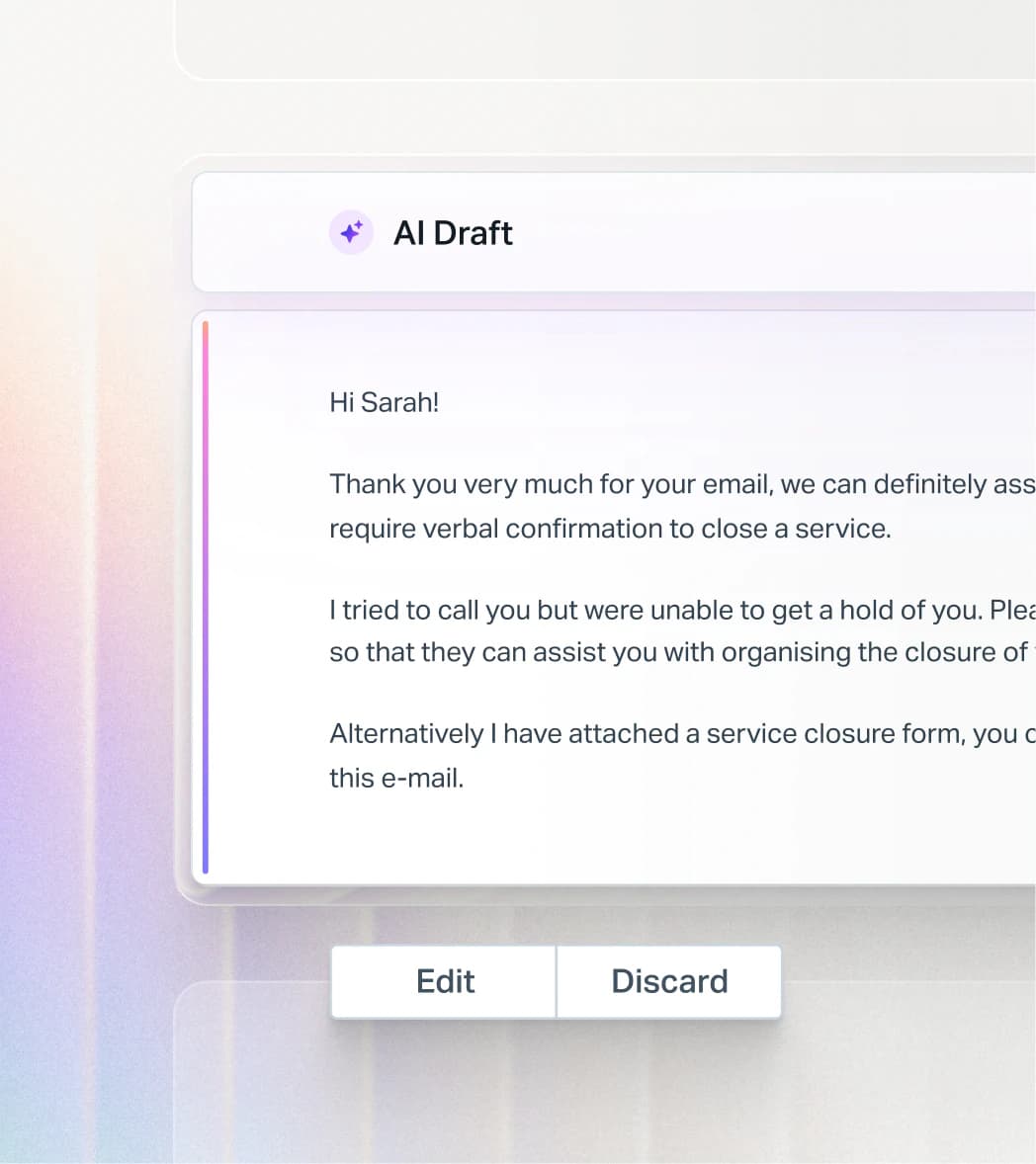 The Help Scout AI Draft panel showing a generated reply with edit and discard options, as taken from Help Scout