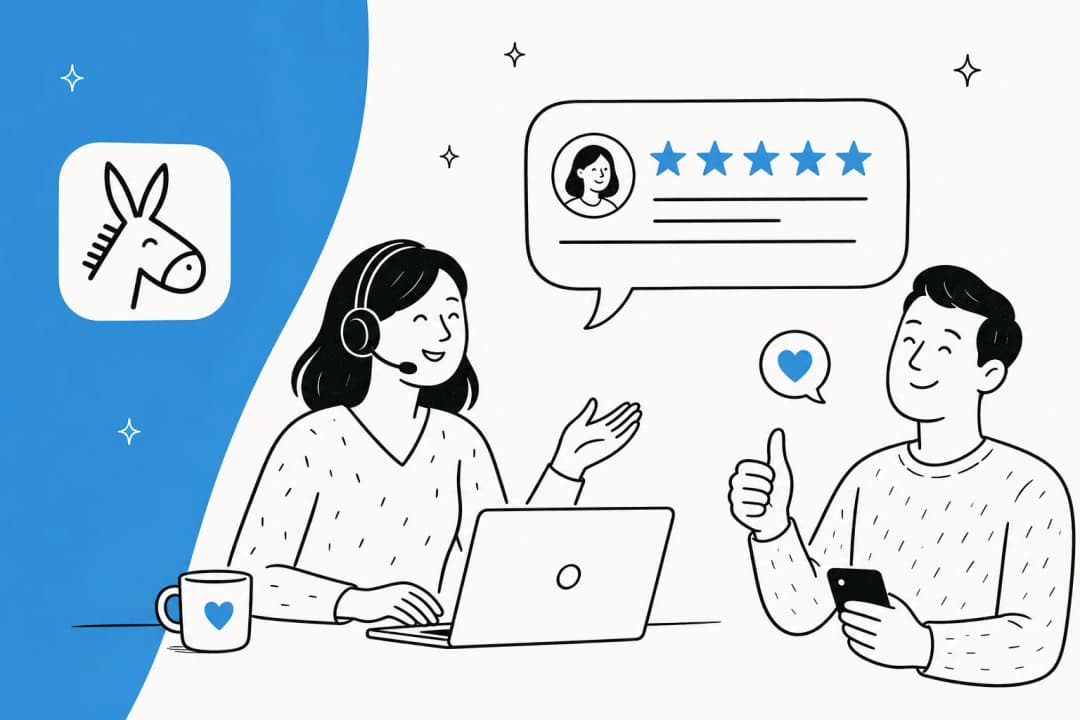Illustration of happy customers leaving glowing five-star customer service reviews