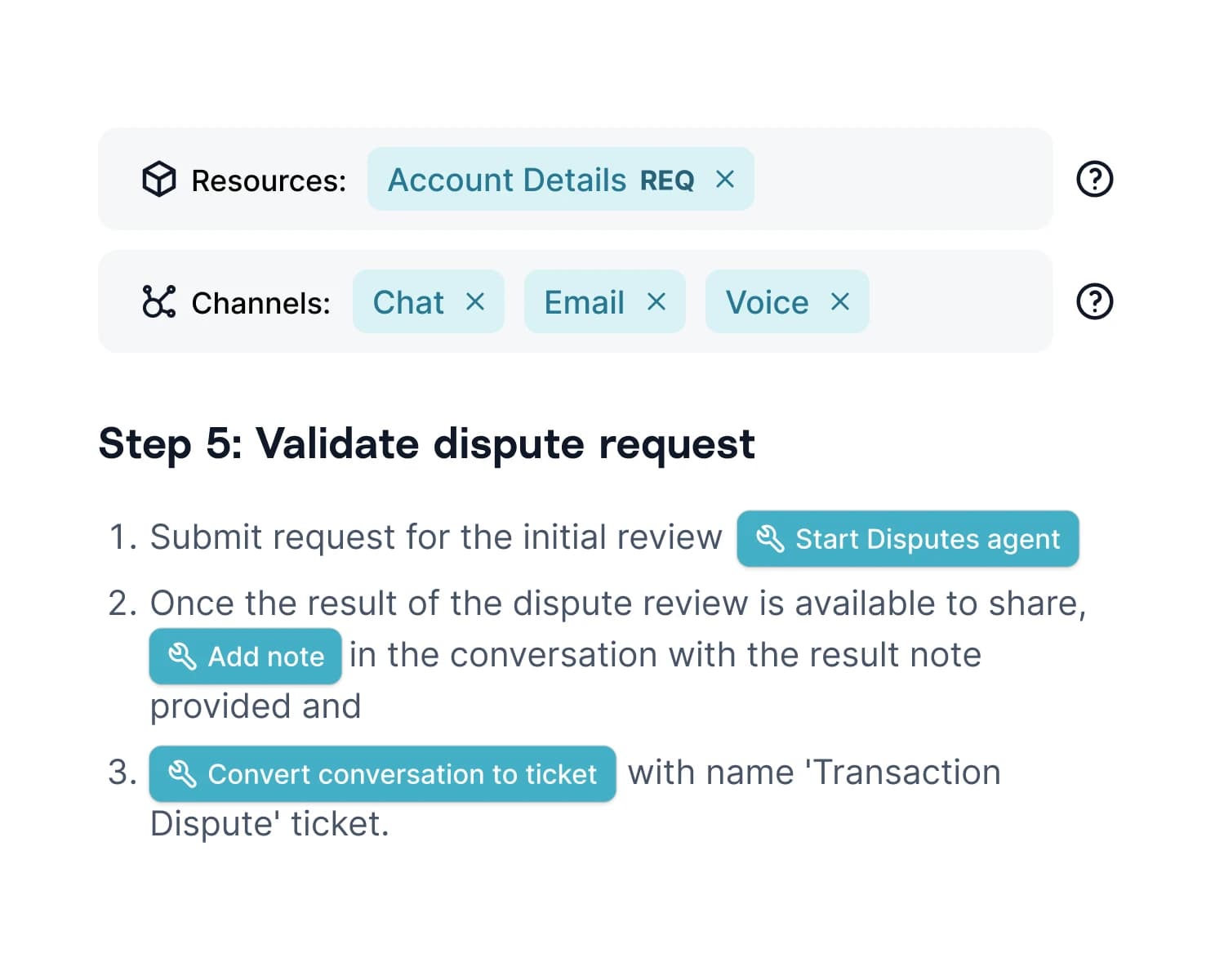 Gradient Labs procedure builder showing a dispute-validation step with chat, email, and voice channels, as taken from Gradient Labs