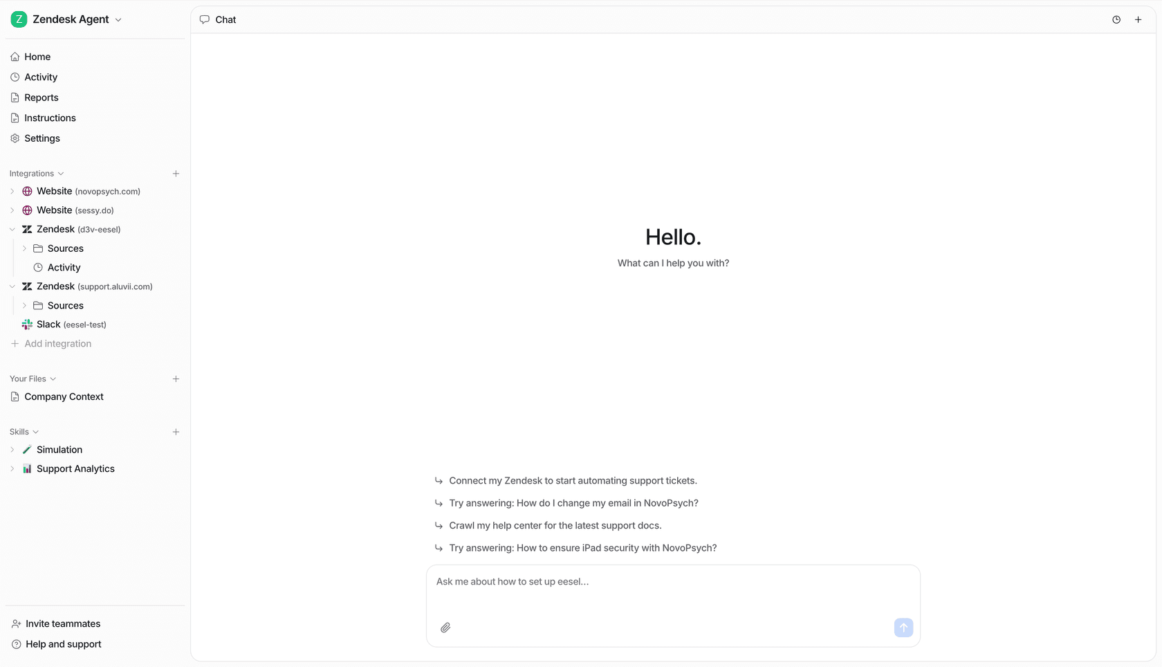 The eesel dashboard with two Zendesk accounts connected as knowledge sources in the sidebar, alongside the chat interface used to configure the agent