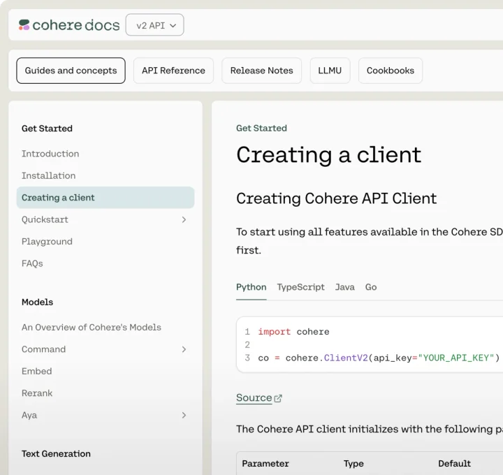 Cohere developer docs sidebar showing Command, Embed, Rerank, and Aya models, as taken from docs.cohere.com