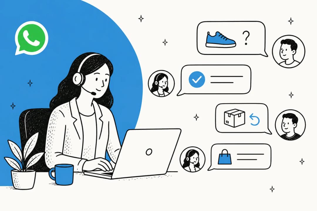 Illustration of an AI agent answering ecommerce WhatsApp chats about orders and returns