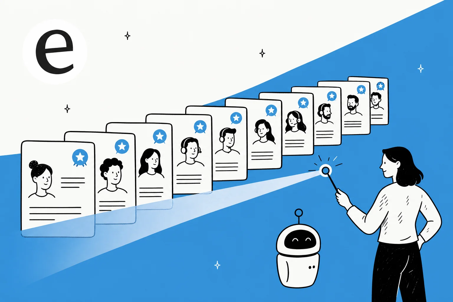 Editorial illustration of support conversations being automatically scored, one review pass sweeping across the whole stack
