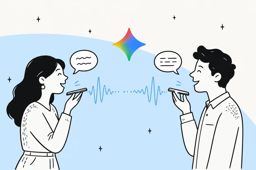 Two people speaking different languages with a live sound wave bridging them, illustrating Gemini 3.5 Live Translate