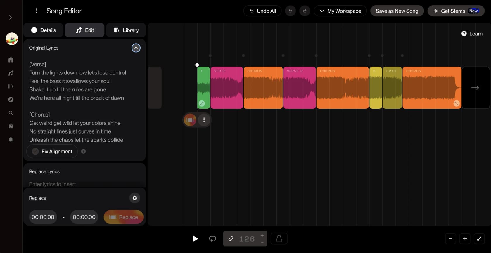 Suno's Song Editor showing a waveform with named sections (Intro, Verse, Chorus) and Fade In/Out controls, as taken from the Song Editor help article