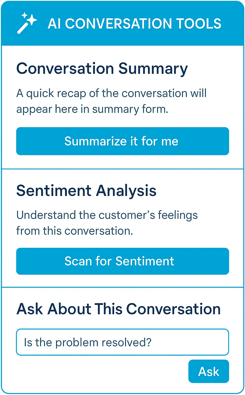 Re:amaze AI conversation tools panel with summaries and sentiment analysis