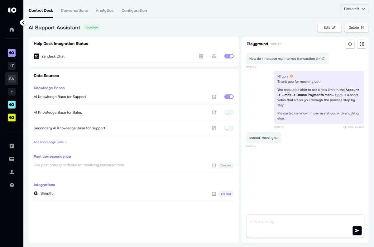 CoSupport AI's Control Desk, showing the AI Support Assistant configured with a Zendesk integration, knowledge-base sources, and a live test playground, as taken from CoSupport on G2