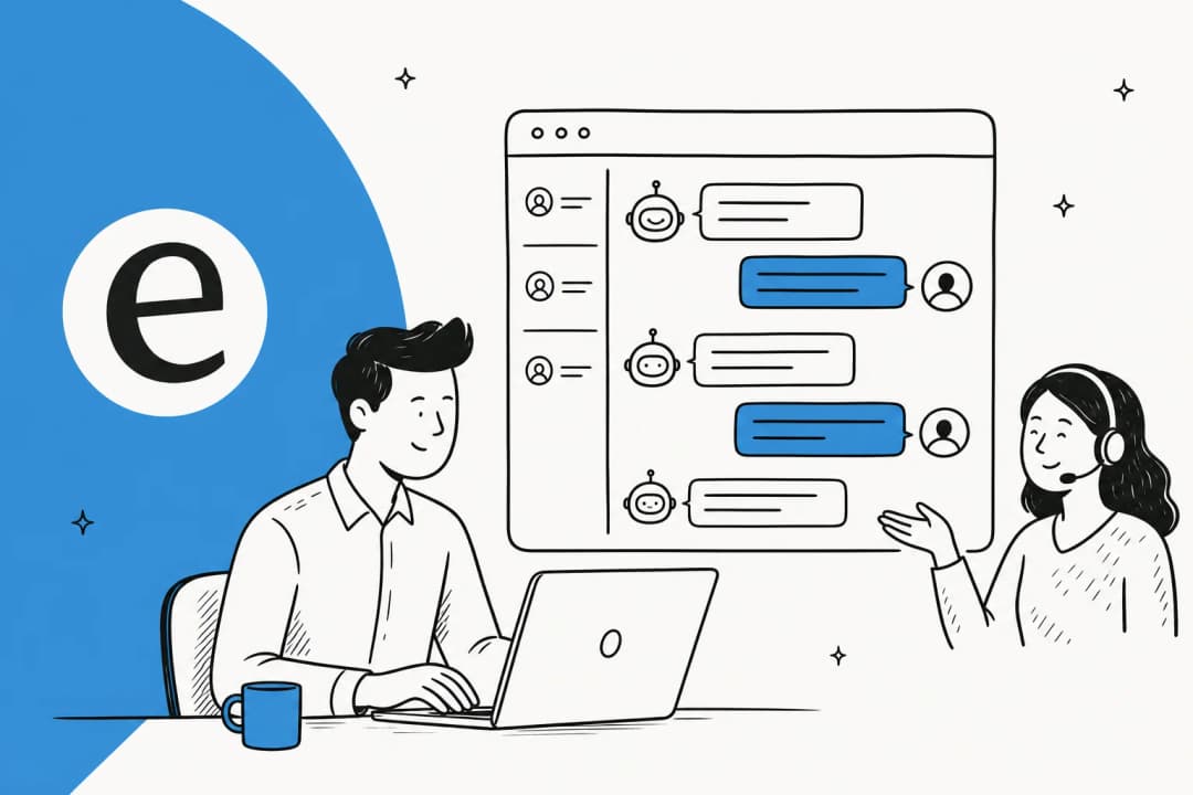 Illustrated hero showing live chat message templates on a support screen