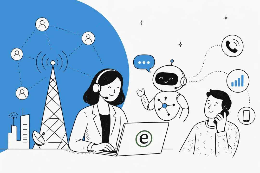 Illustration of AI handling telecom customer service across a connected network