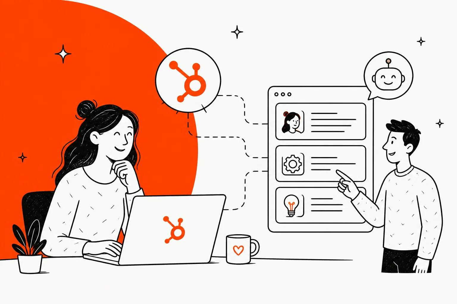 Illustration of AI generating and surfacing HubSpot Service Hub knowledge base articles