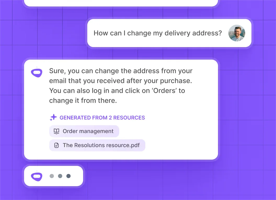 Trengo's AI answering a delivery-address question in the chat widget, citing the two knowledge resources it used, as taken from Trengo