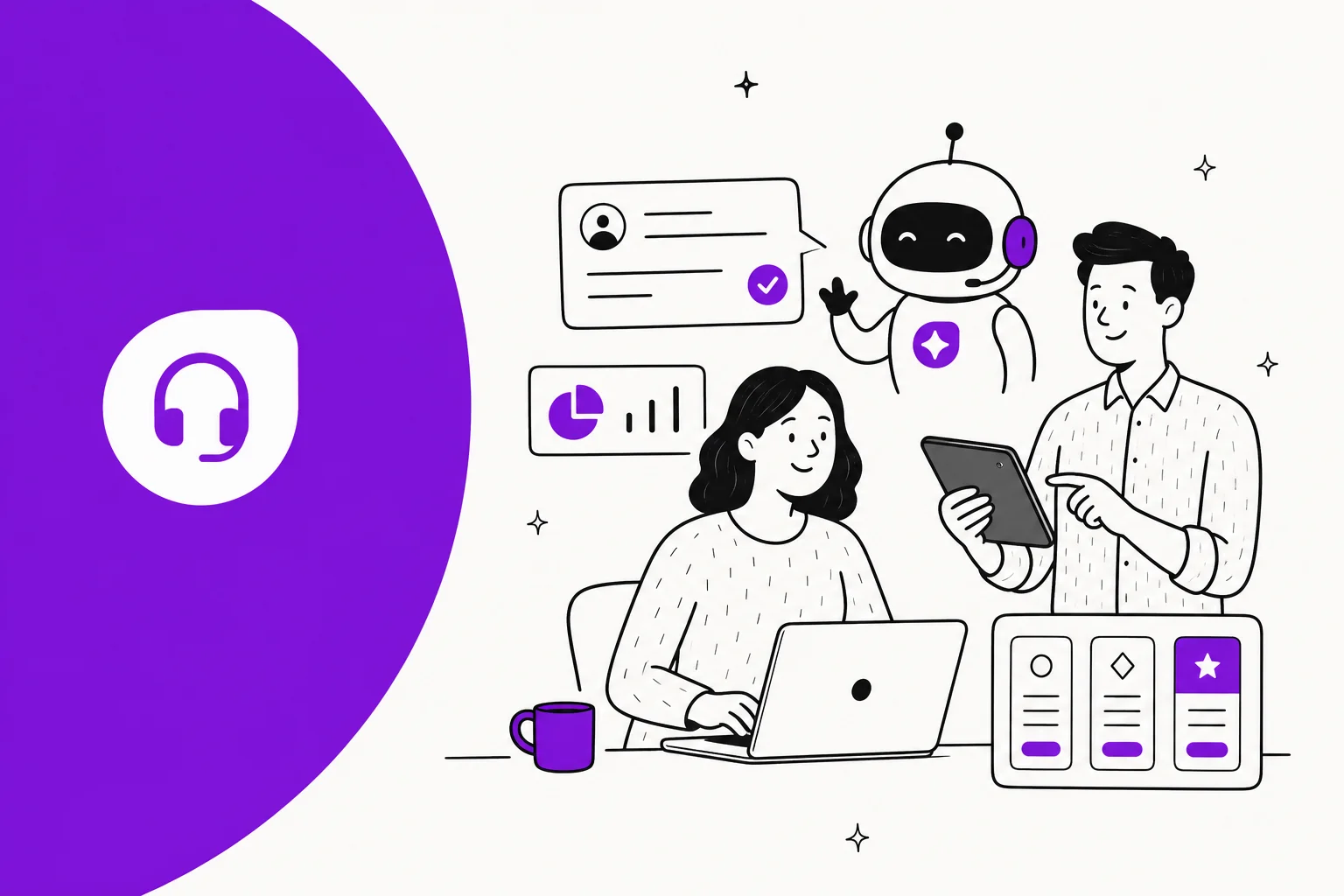 Illustration of the Freshdesk Freddy AI agent resolving customer support tickets