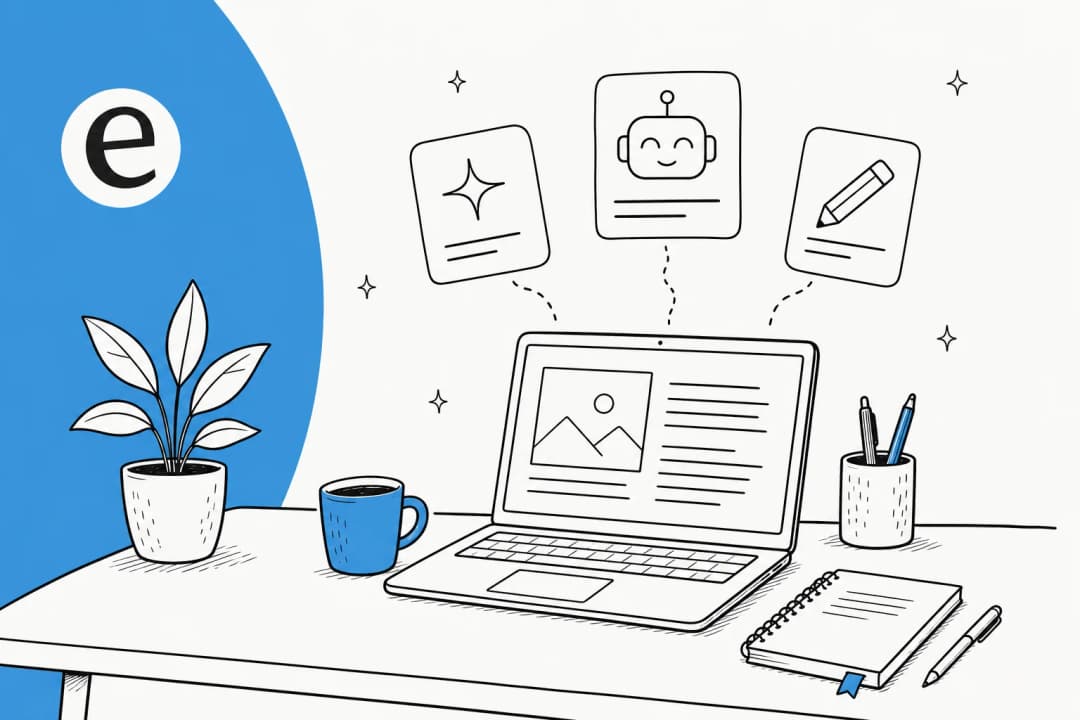Editorial illustration of an AI blog writing workspace with floating tool cards and an eesel-blue accent