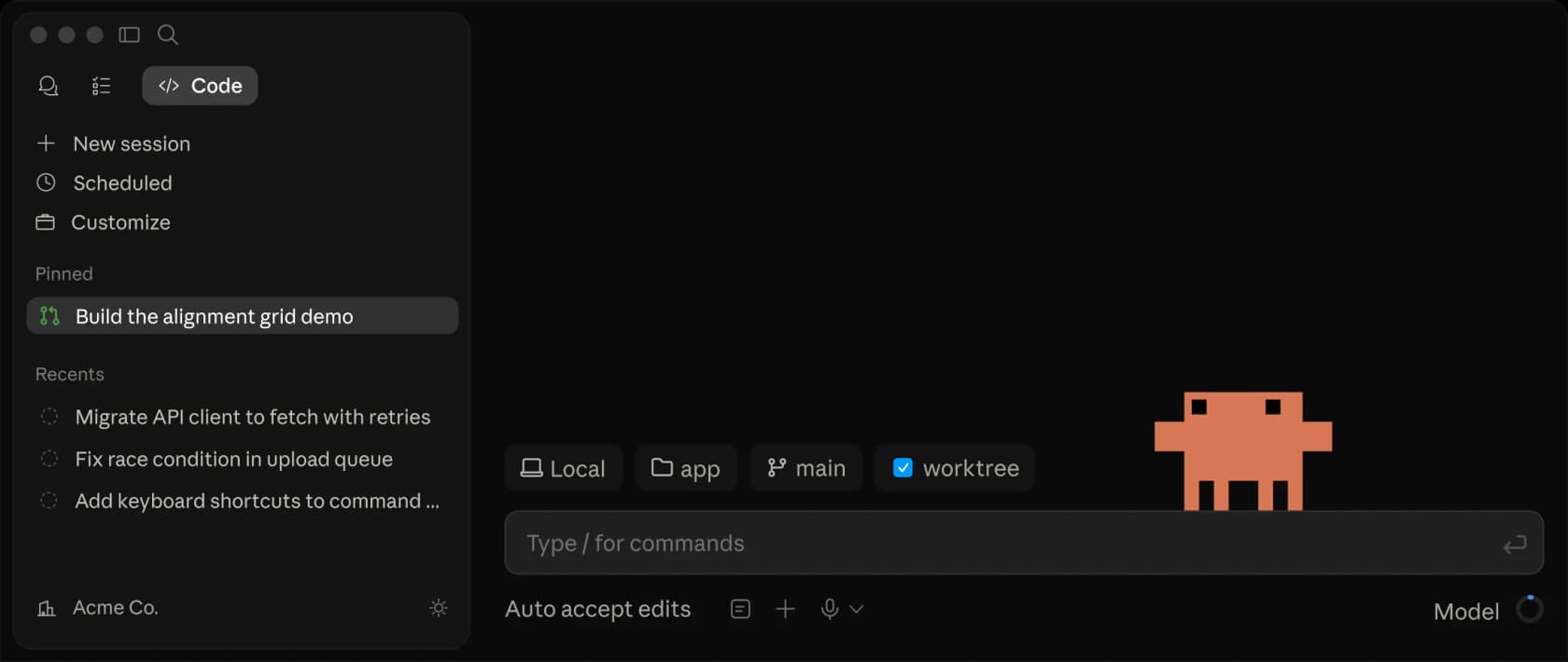 The Claude Code desktop app showing the session sidebar with pinned and recent tasks, a worktree toggle, and a command input