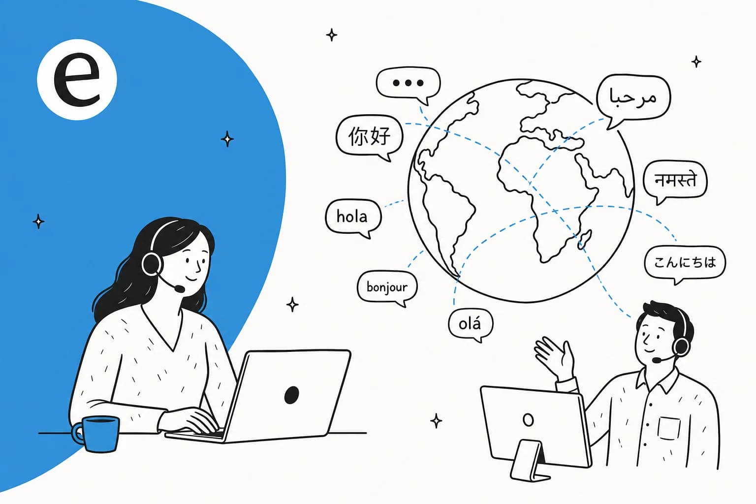 Illustration of a support agent and a globe surrounded by greetings in many languages