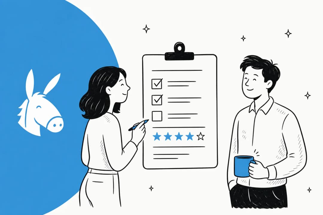 Illustration of a product survey with rating scales and checkboxes