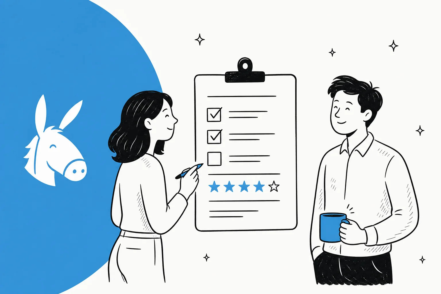 Illustration of a product survey with rating scales and checkboxes