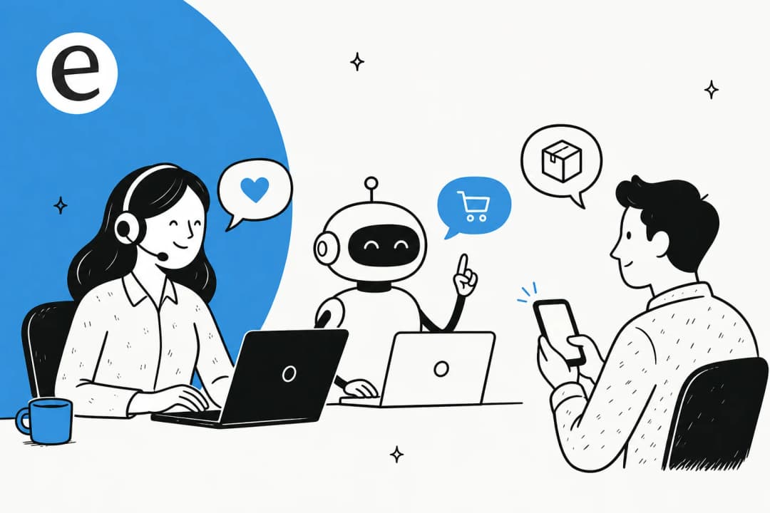Illustration of an ecommerce call center connecting phone, email, chat, WhatsApp, SMS and social channels