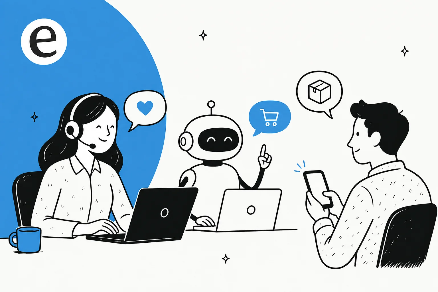 Illustration of an ecommerce call center connecting phone, email, chat, WhatsApp, SMS and social channels