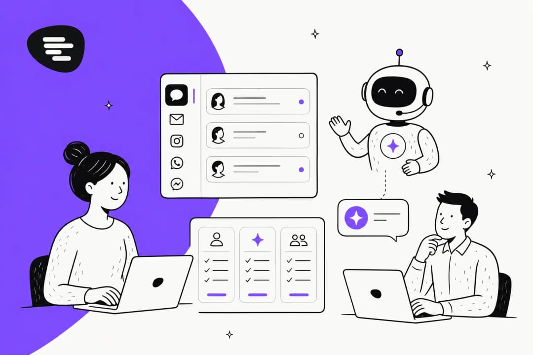 Illustration of Trengo's omnichannel inbox, AI agent, and three pricing plans in Trengo purple