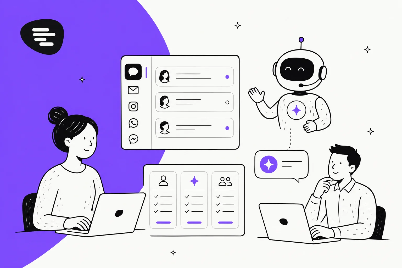 Illustration of Trengo's omnichannel inbox, AI agent, and three pricing plans in Trengo purple